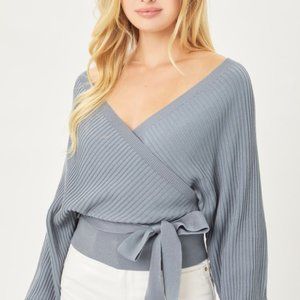 Steel blue Wrap Style Long Sleeve Sweater With Tie Front